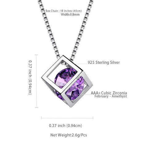 3D Cube Birthstone February Amethyst Necklace Sterling Silver - Necklaces - Aurora Tears