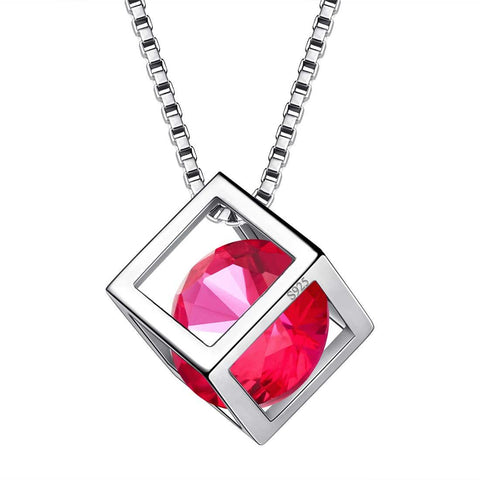 3D Cube Birthstone July Ruby Necklace Sterling Silver - Necklaces - Aurora Tears