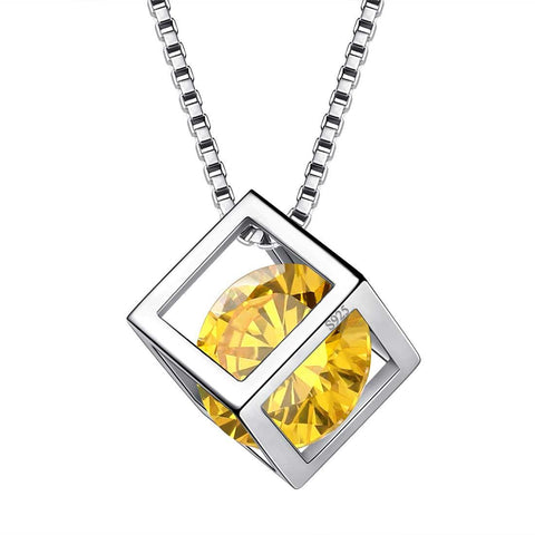 3D Cube Birthstone November Citrine Necklace Sterling Silver - Necklaces - Aurora Tears