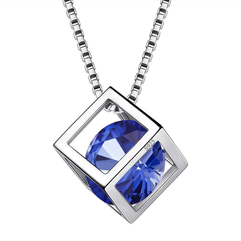 3D Cube Birthstone September Sapphire Necklace Sterling Silver - Necklaces - Aurora Tears