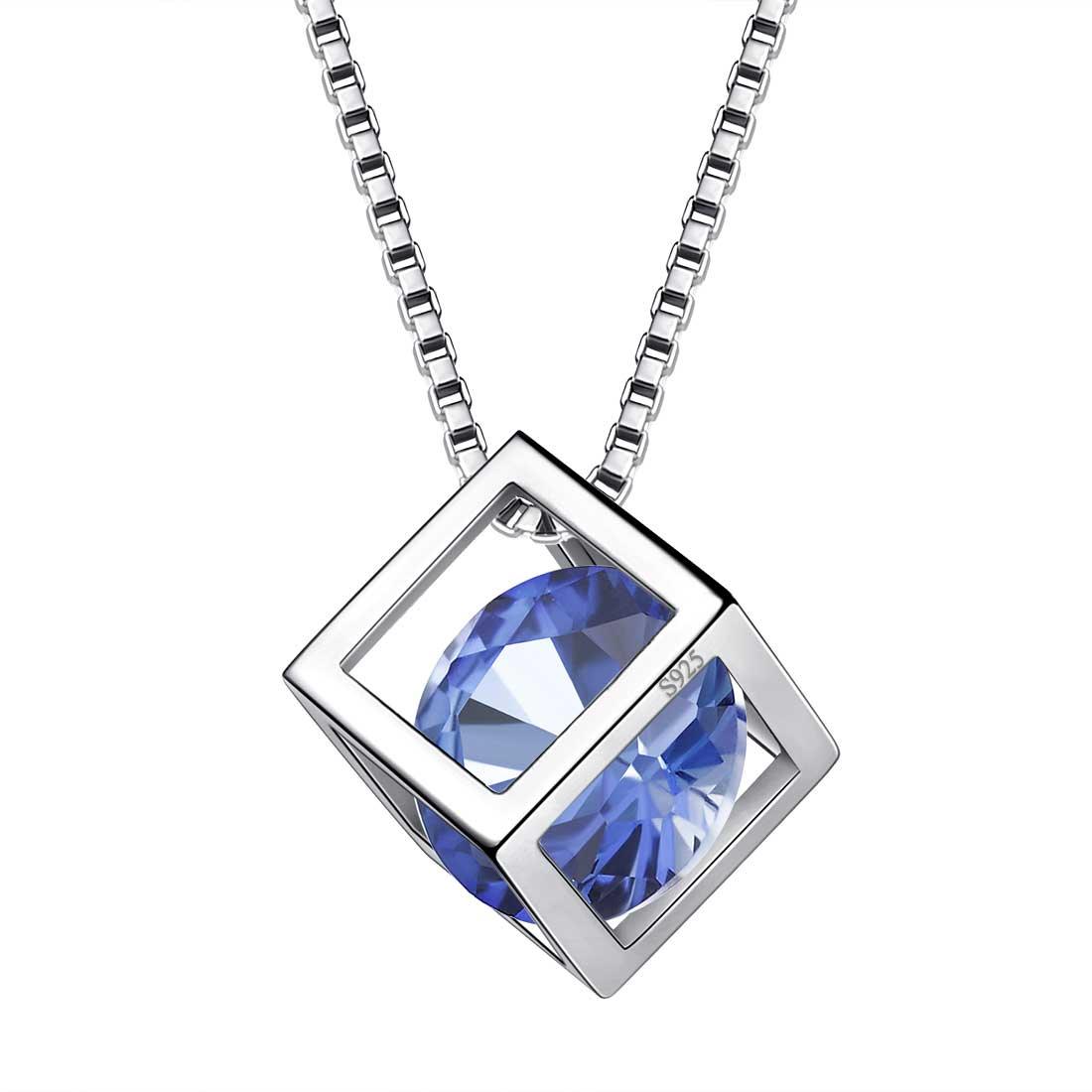 3D Cube Birthstone December Tanzanite Necklace Sterling Silver - Necklaces - Aurora Tears