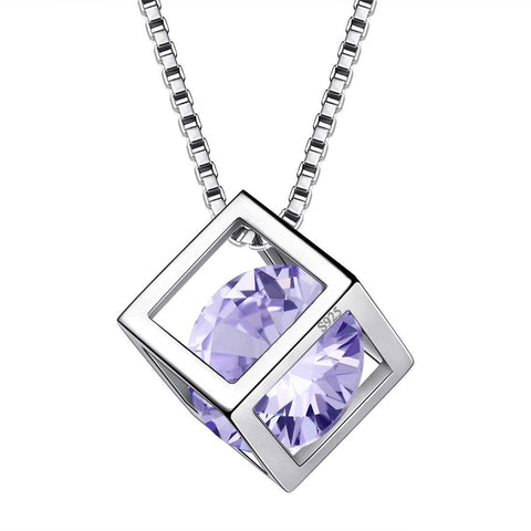 3D Cube Birthstone June Alexandrite Necklace Sterling Silver - Necklaces - Aurora Tears