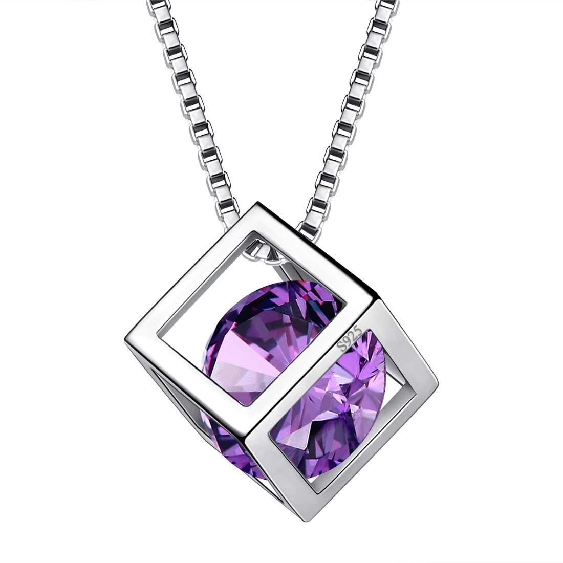 3D Cube Birthstone February Amethyst Necklace Sterling Silver - Necklaces - Aurora Tears