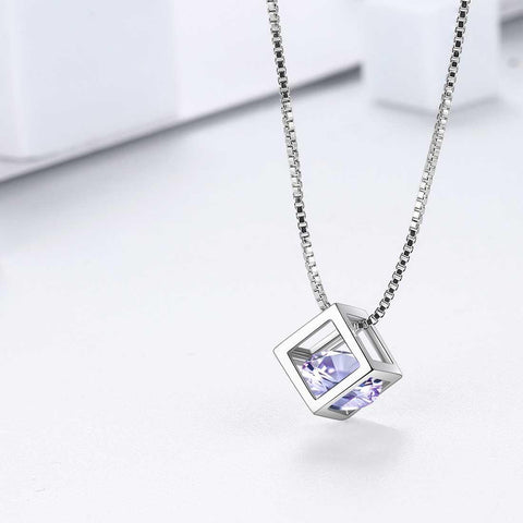 3D Cube Birthstone June Alexandrite Necklace Sterling Silver - Necklaces - Aurora Tears