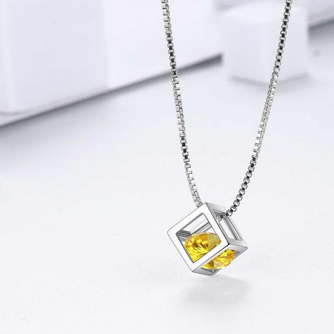 3D Cube Birthstone November Citrine Necklace Sterling Silver - Necklaces - Aurora Tears