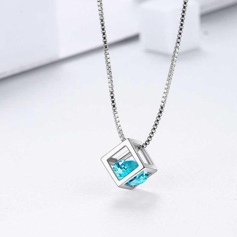 3D Cube Birthstone March Aquamarine Necklace Sterling Silver - Necklaces - Aurora Tears