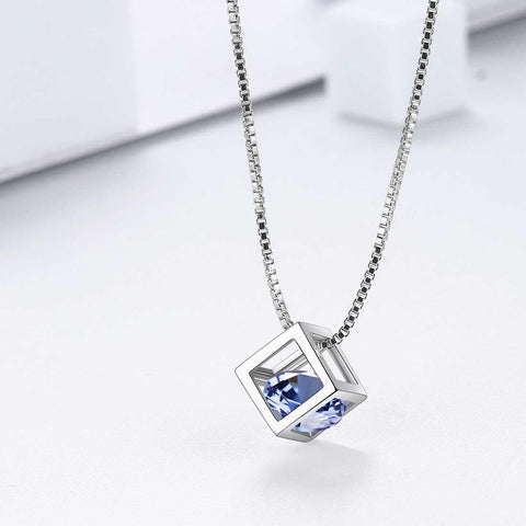 3D Cube Birthstone December Tanzanite Necklace Sterling Silver - Necklaces - Aurora Tears