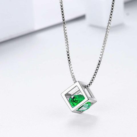 Women Birthstone Pendant Necklaces Sterling Silver - 3D Cube - Necklaces - Aurora Tears Jewelry