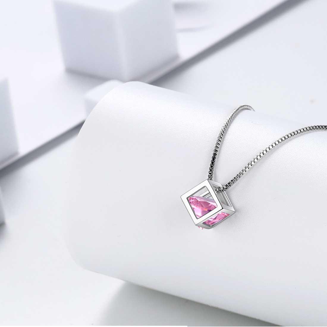 3D Cube Birthstone October Tourmaline Necklace Sterling Silver - Necklaces - Aurora Tears