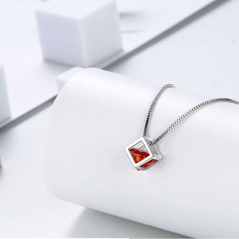3D Cube Birthstone January Garnet Necklace Sterling Silver - Necklaces - Aurora Tears