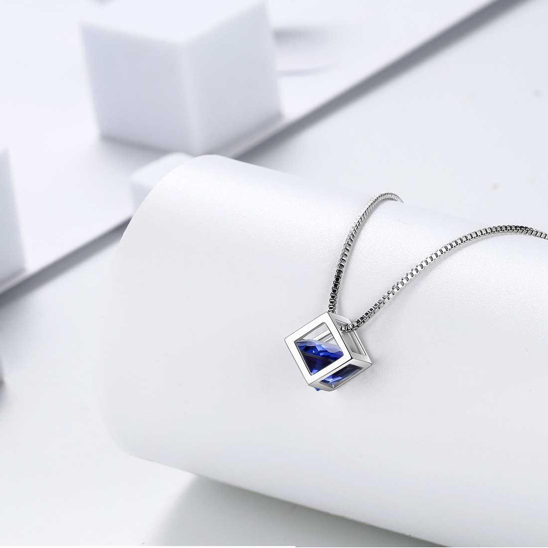 3D Cube Birthstone September Sapphire Necklace Sterling Silver - Necklaces - Aurora Tears