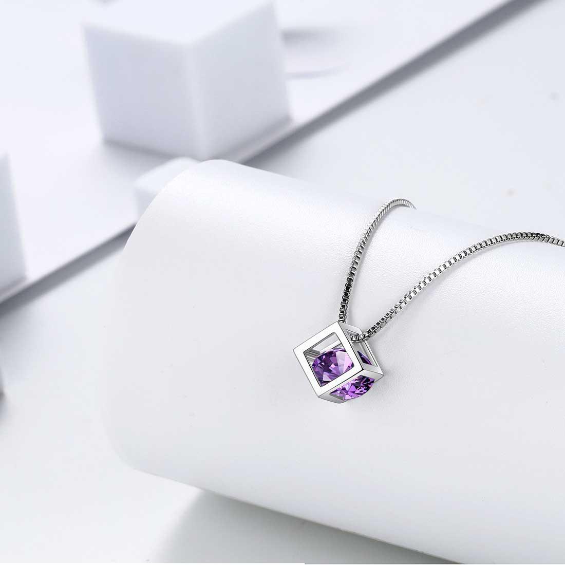 3D Cube Birthstone February Amethyst Necklace Sterling Silver - Necklaces - Aurora Tears