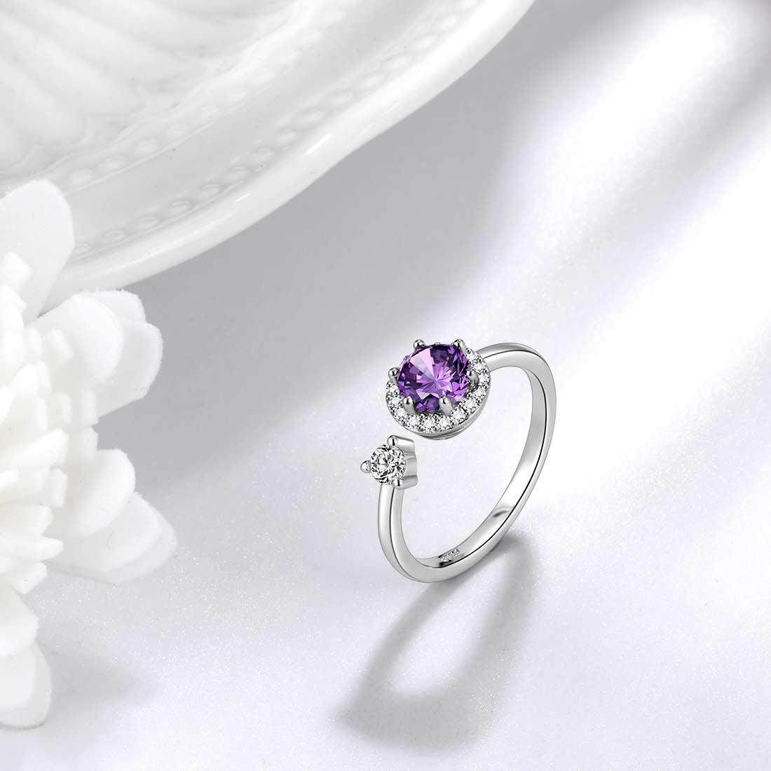 Round Birthstone February Amethyst Ring Open Sterling Silver - Rings - Aurora Tears
