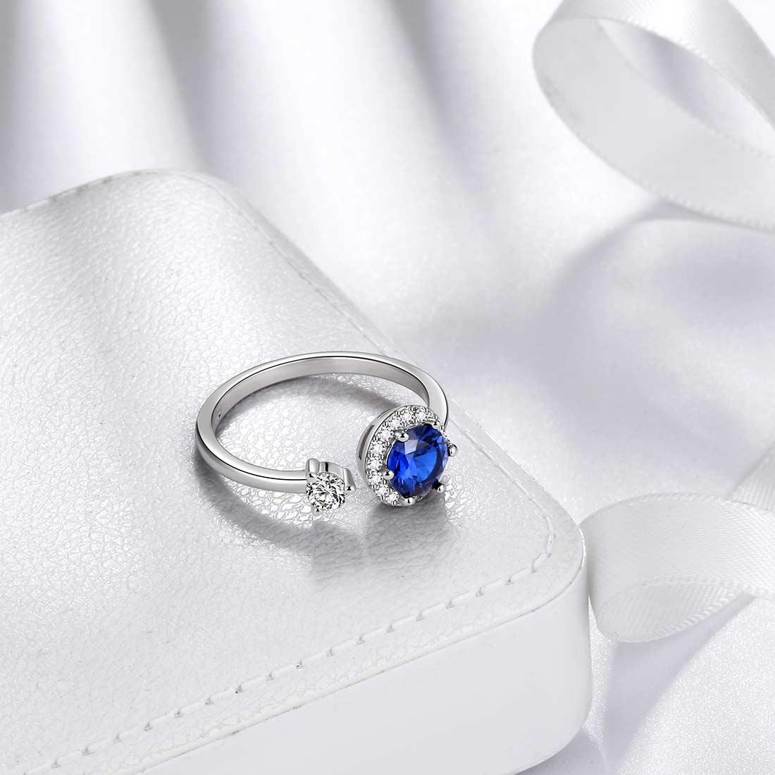 Round Birthstone September Sapphire Ring Open Sterling Silver - Rings - Aurora Tears