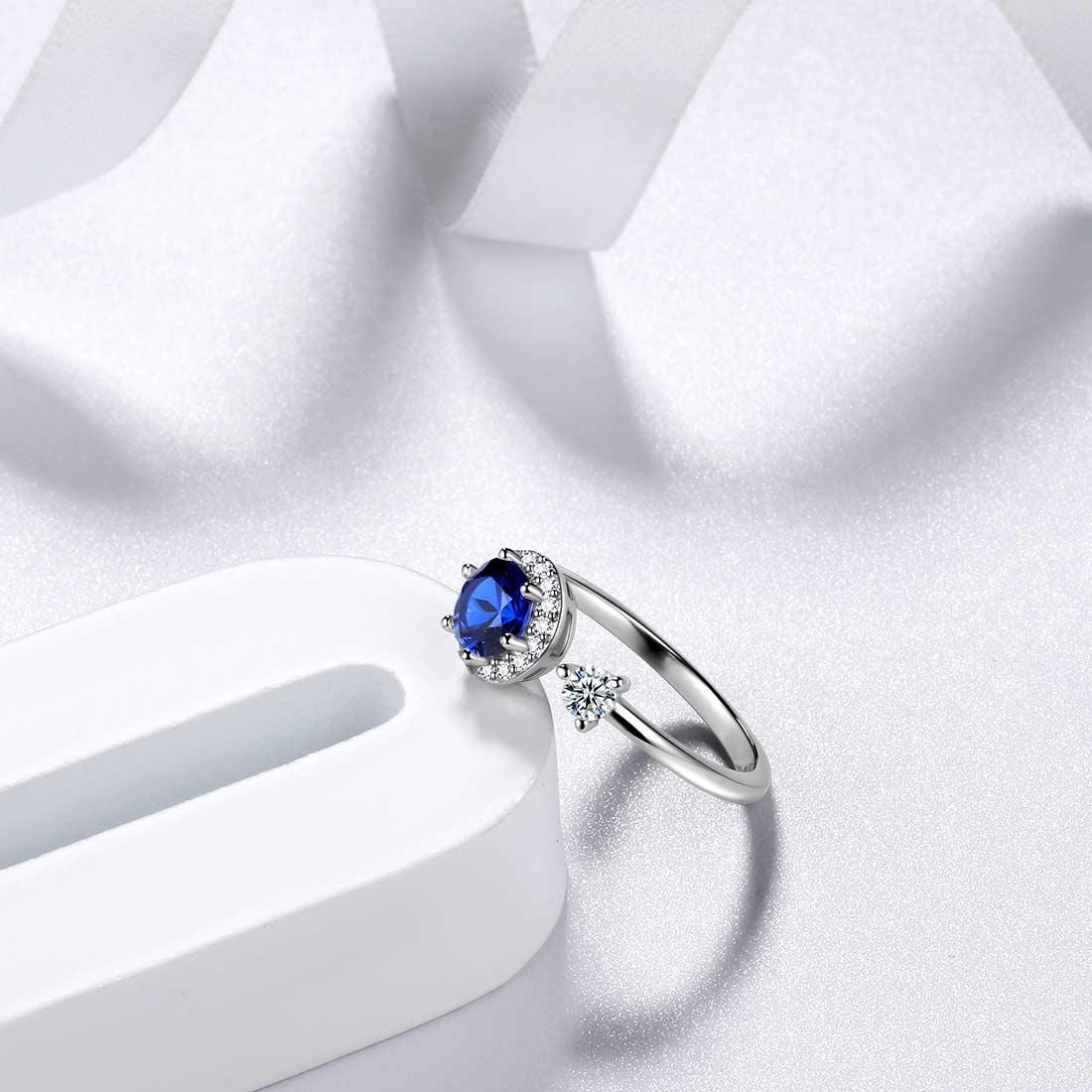 Round Birthstone September Sapphire Ring Open Sterling Silver - Rings - Aurora Tears