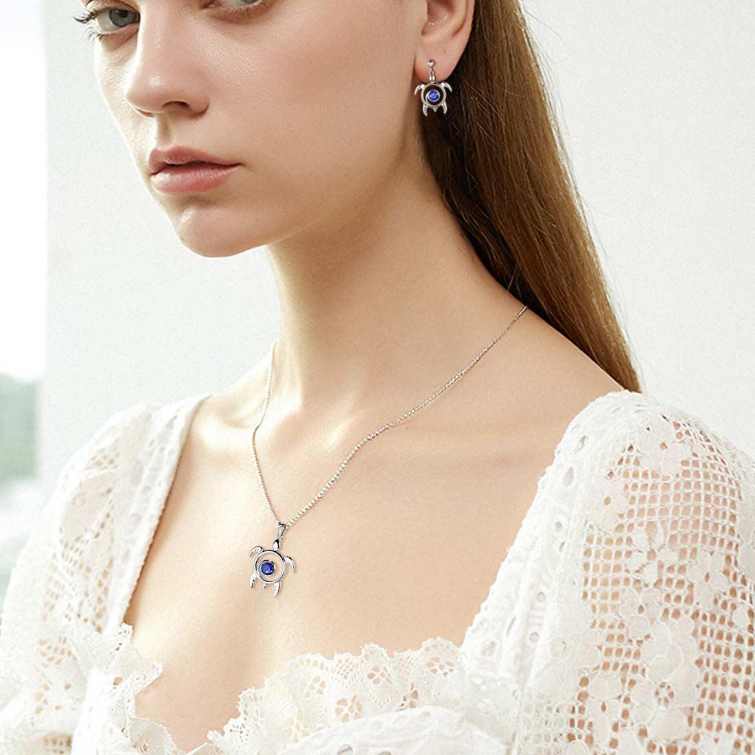 Turtle Birthstone September Sapphire Necklace Pendant - Necklaces - Aurora Tears