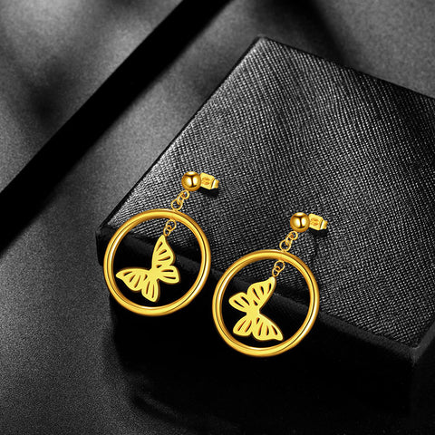 Women Butterfly Circle Dangle Earrings Stainless Steel - Earrings - Aurora Tears