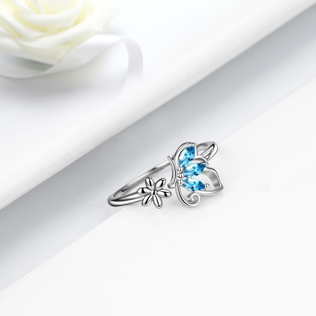 Butterfly Ring Open Birthstone March Aquamarine - Rings - Aurora Tears