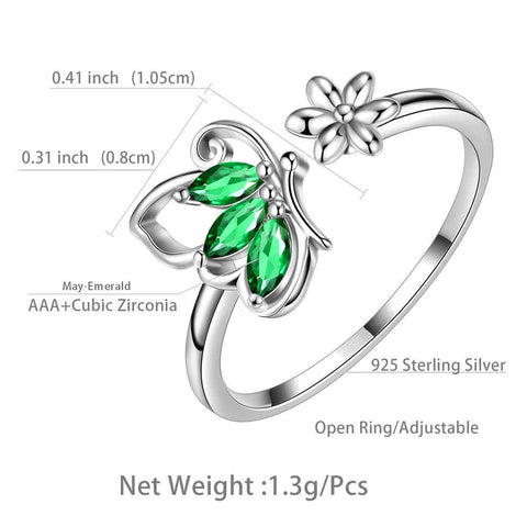 Butterfly Ring Open Birthstone May Emerald - Rings - Aurora Tears