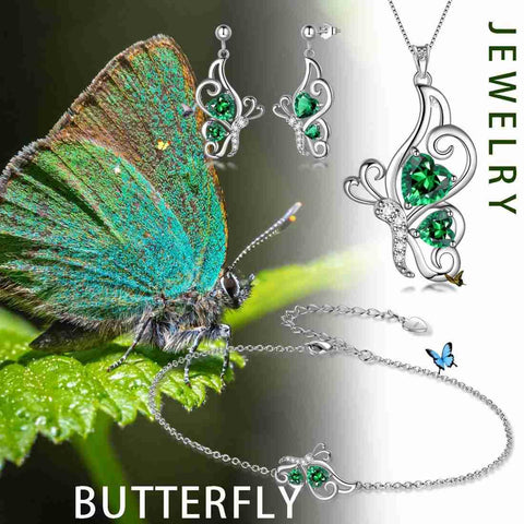 Butterfly Birthstone May Emerald Jewelry Set 4PCS - Jewelry Set - Aurora Tears