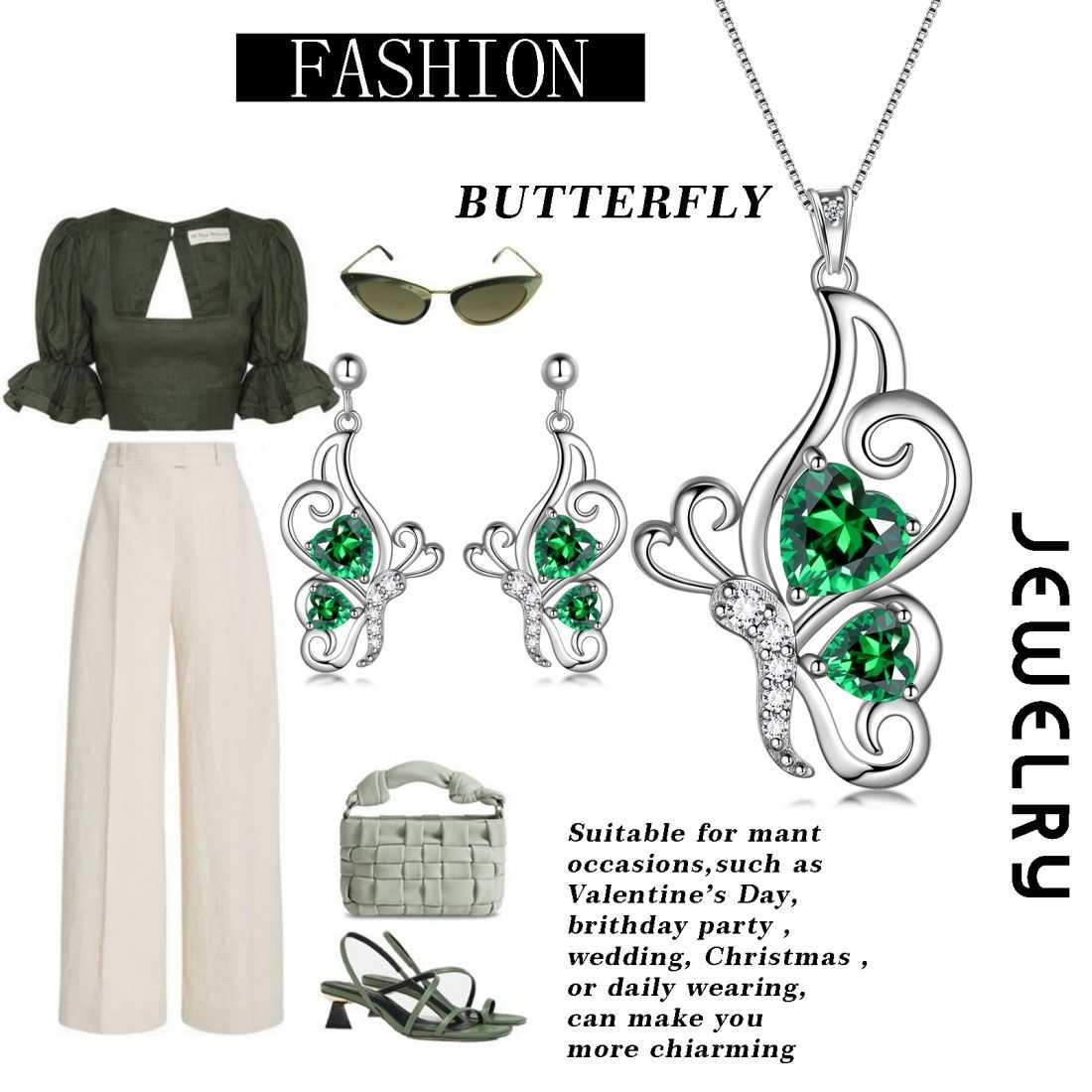 Butterfly Birthstone May Emerald Jewelry Set 3PCS - Jewelry Set - Aurora Tears