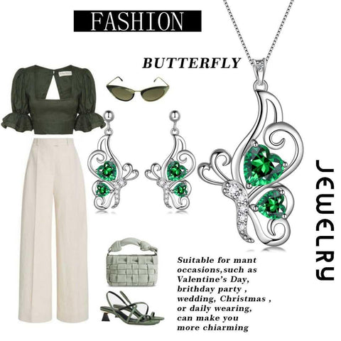 Butterfly Birthstone May Emerald Jewelry Set 3PCS - Jewelry Set - Aurora Tears