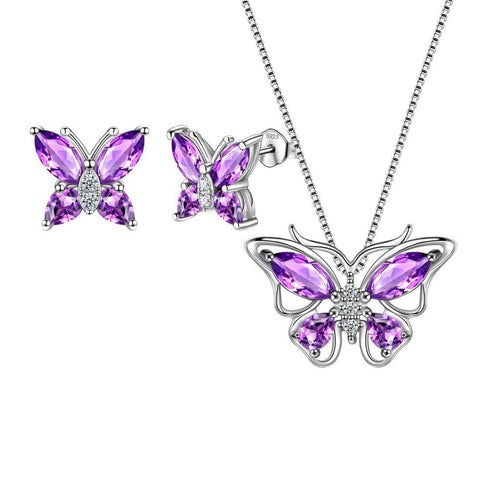 Butterfly Jewelry Sets Necklace Earrings Sterling Silver-Feb-Amethyst-Aurora Tears Jewelry