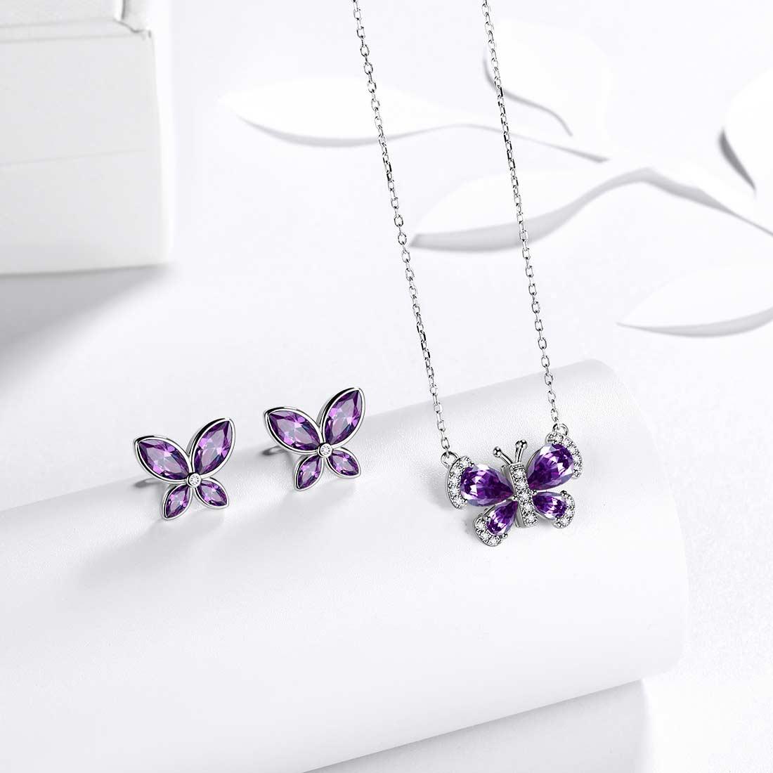 Butterfly Birthstone February Amethyst Jewelry Set 3PCS - Jewelry Set - Aurora Tears
