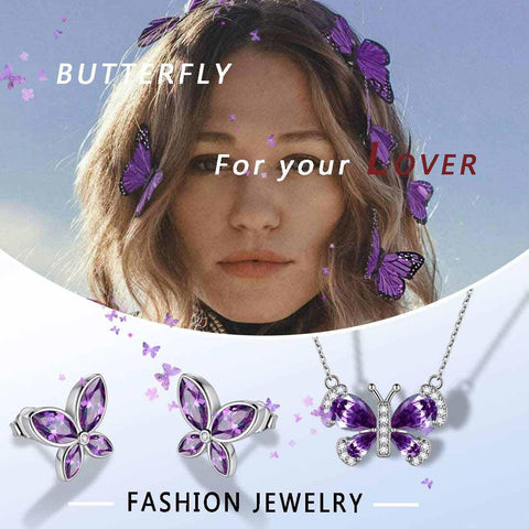 Butterfly Birthstone February Amethyst Jewelry Set 3PCS - Jewelry Set - Aurora Tears