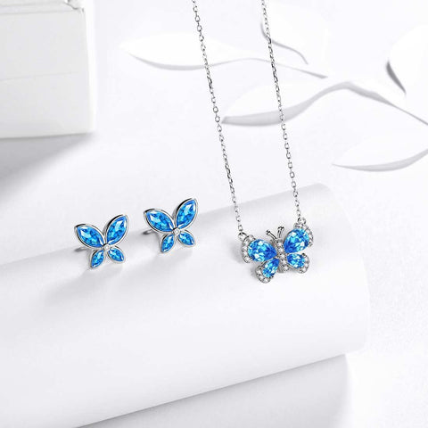 Butterfly Birthstone March Aquamarine Jewelry Set 3PCS - Jewelry Set - Aurora Tears