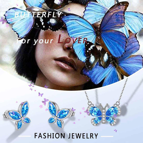 Butterfly Birthstone March Aquamarine Jewelry Set 3PCS - Jewelry Set - Aurora Tears