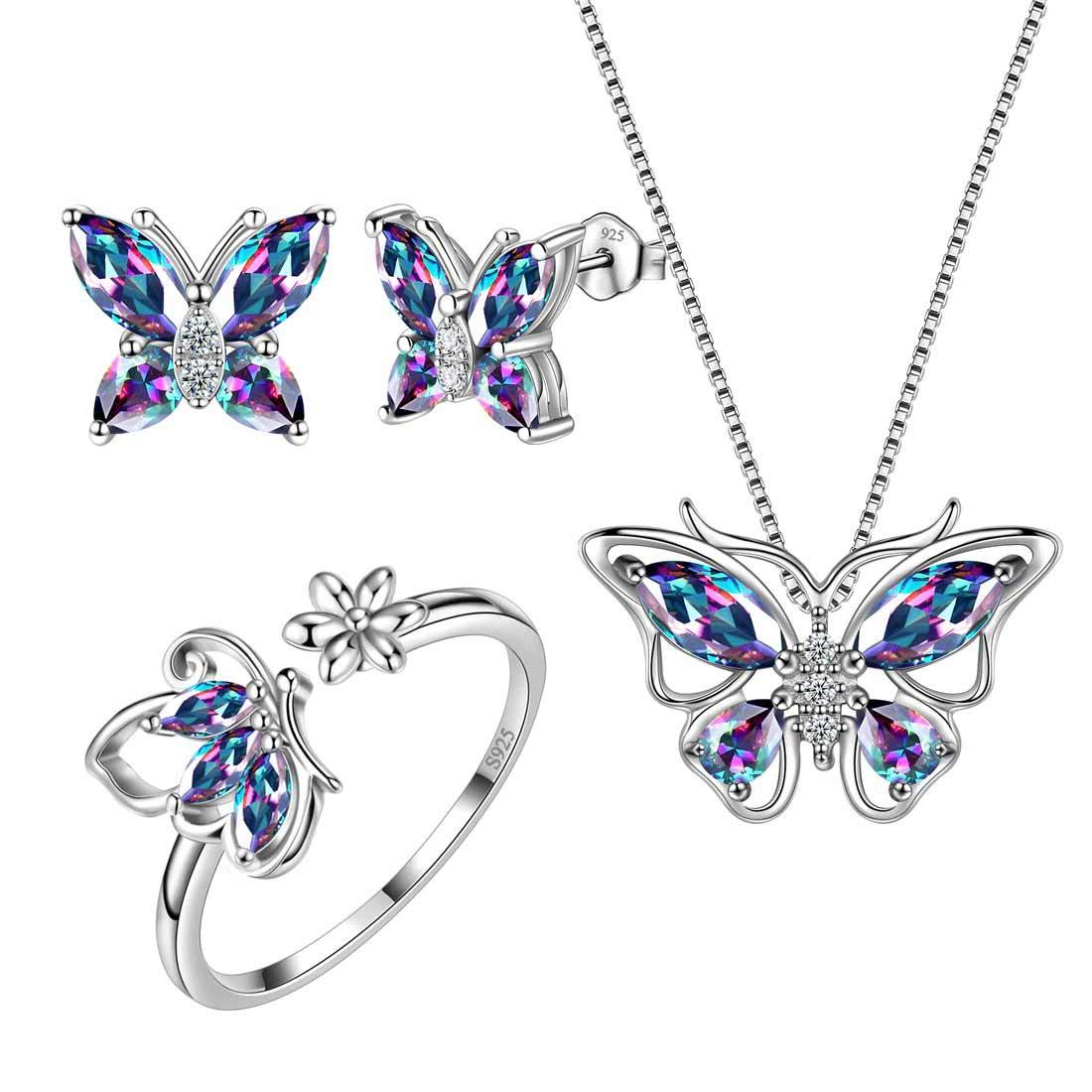 Butterfly Mystic Rainbow Topaz Jewelry Sets 4PCS Sterling Silver-Aurora Tears Jewelry