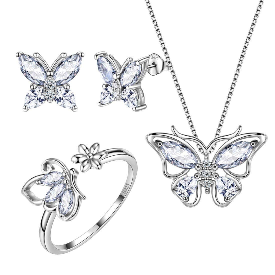 Butterfly Birthstone April Diamond Jewelry Set 4PCS - Jewelry Set - Aurora Tears