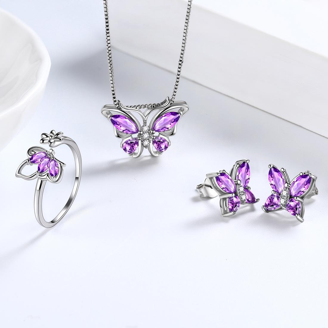 Butterfly Birthstone February Amethyst Jewelry Set 4PCS - Jewelry Set - Aurora Tears