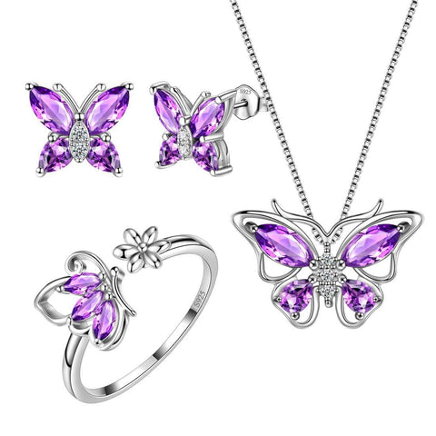 Butterfly Birthstone February Amethyst Jewelry Set 4PCS - Jewelry Set - Aurora Tears