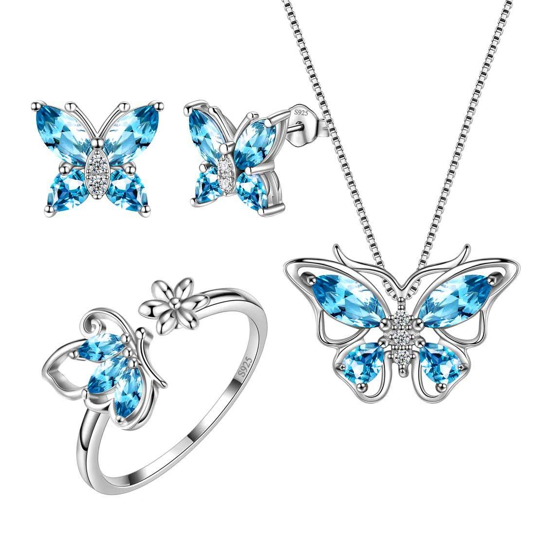 Butterfly Birthstone March Aquamarine Jewelry Set 4PCS - Jewelry Set - Aurora Tears