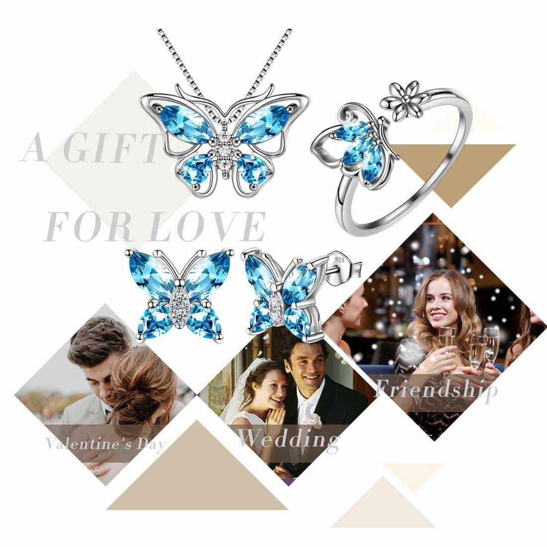 Butterfly Birthstone March Aquamarine Jewelry Set 4PCS - Jewelry Set - Aurora Tears