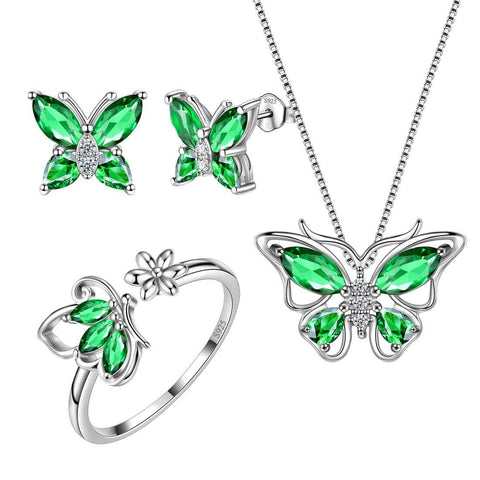Butterfly Birthstone May Emerald Jewelry Set 4PCS - Jewelry Set - Aurora Tears