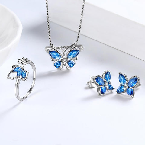 Butterfly Birthstone September Sapphire Jewelry Set 4PCS - Jewelry Set - Aurora Tears