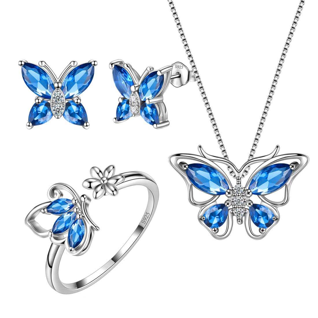 Butterfly Birthstone September Sapphire Jewelry Set 4PCS - Jewelry Set - Aurora Tears