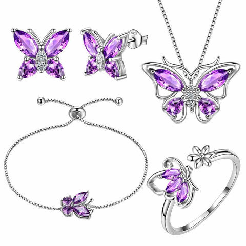 Butterfly Birthstone February Amethyst Jewelry Set 5PCS - Jewelry Set - Aurora Tears