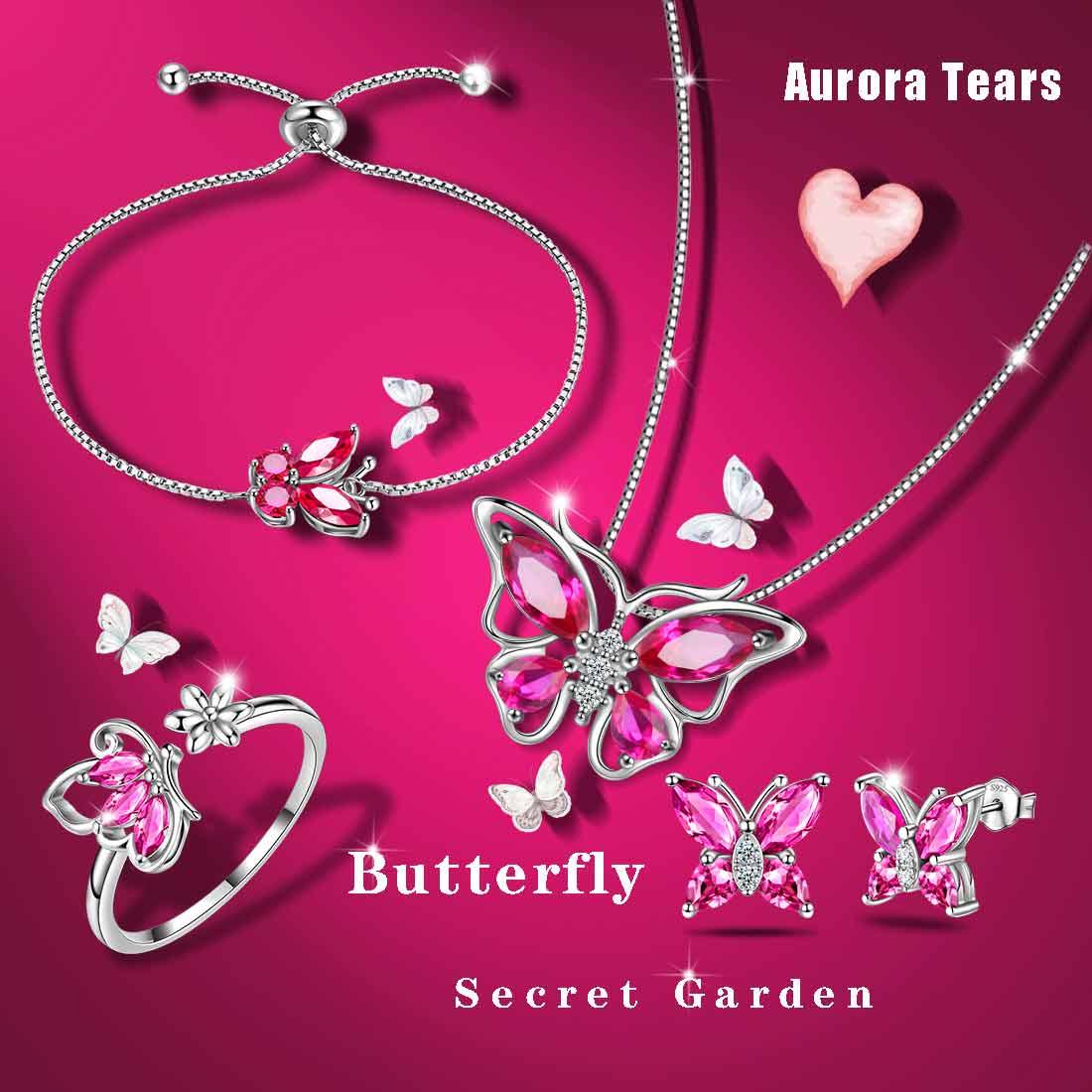 Butterfly Birthstone July Ruby Jewelry Set 5PCS - Jewelry Set - Aurora Tears