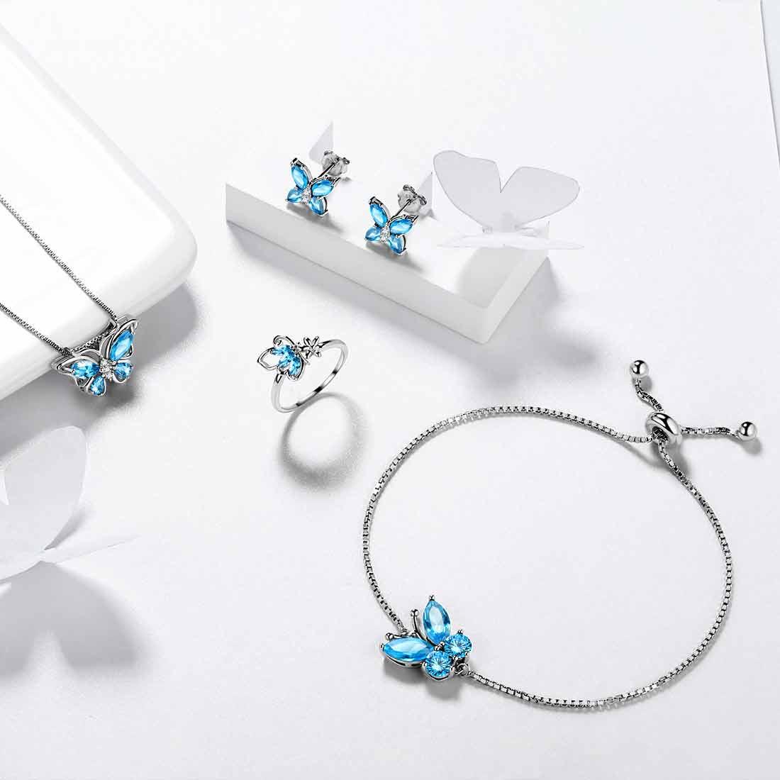 Butterfly Birthstone March Aquamarine Jewelry Set 5PCS - Jewelry Set - Aurora Tears