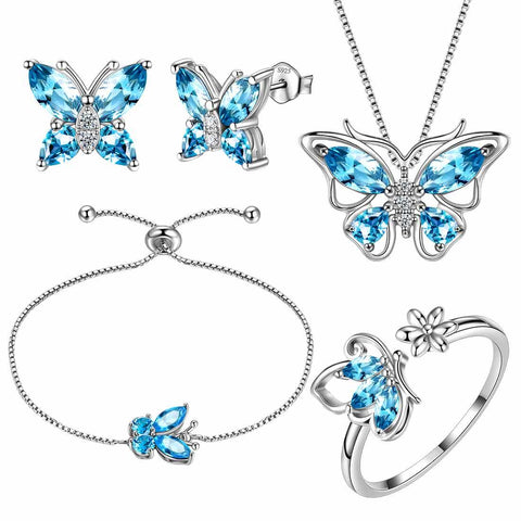 Butterfly Birthstone March Aquamarine Jewelry Set 5PCS - Jewelry Set - Aurora Tears