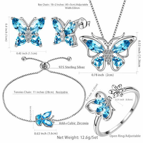 Butterfly Birthstone March Aquamarine Jewelry Set 5PCS - Jewelry Set - Aurora Tears