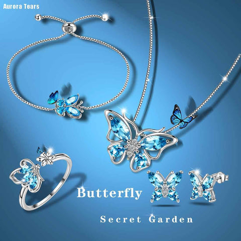 Butterfly Birthstone March Aquamarine Jewelry Set 5PCS - Jewelry Set - Aurora Tears