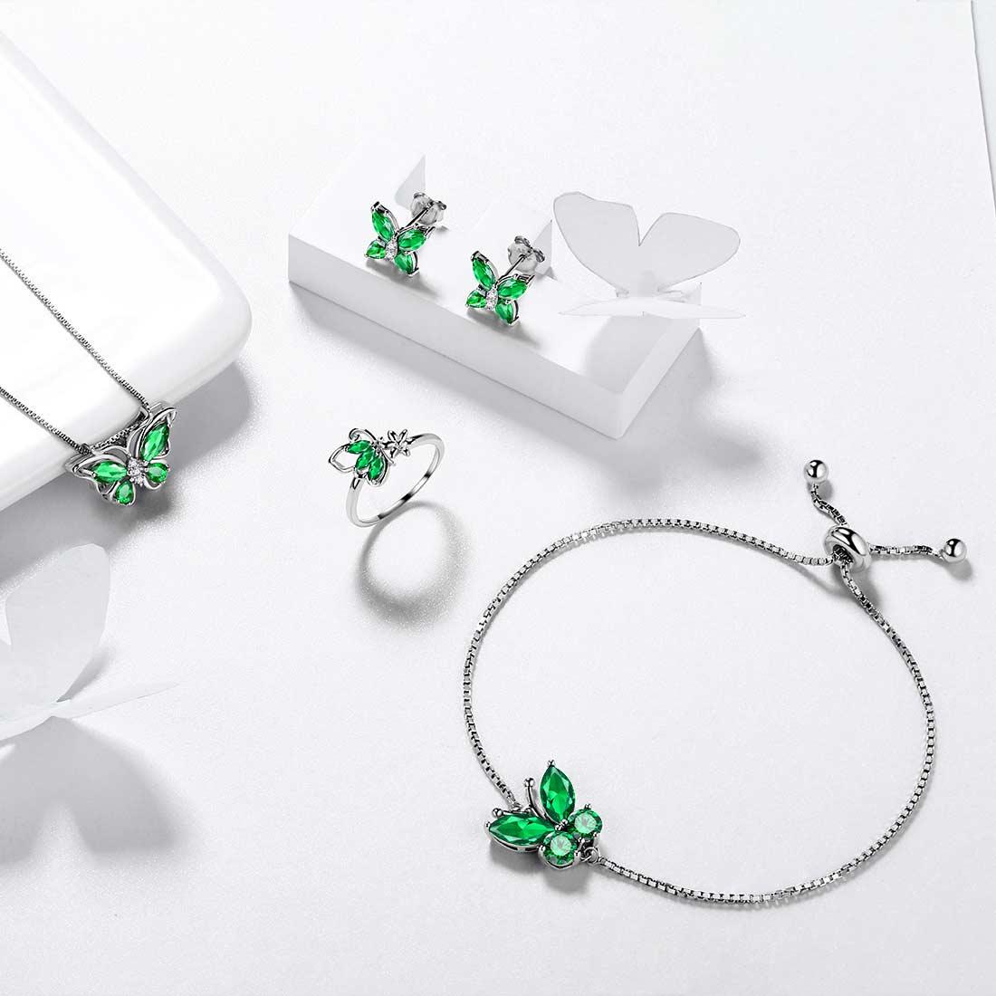 Women Stud Earrings Butterfly Birthstone May Emerald - Earrings - Aurora Tears
