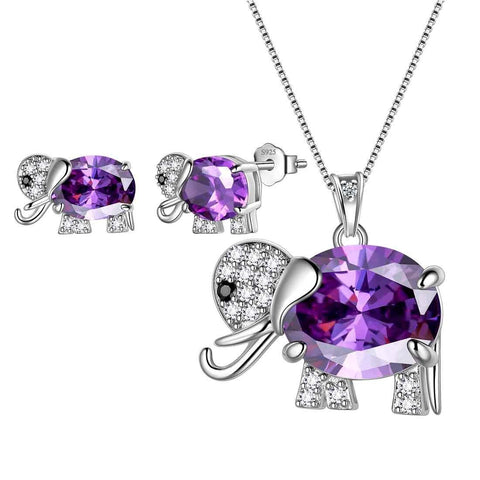 Women Elephant Jewelry Sets 3PCS Sterling Silver Purple-Amethyst Aurora Tears Jewelry