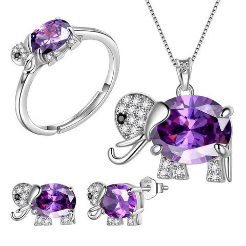 Elephant Necklace Earrings Ring Jewelry Purple February Birthstone - Jewelry Set - Aurora Tears Jewelry