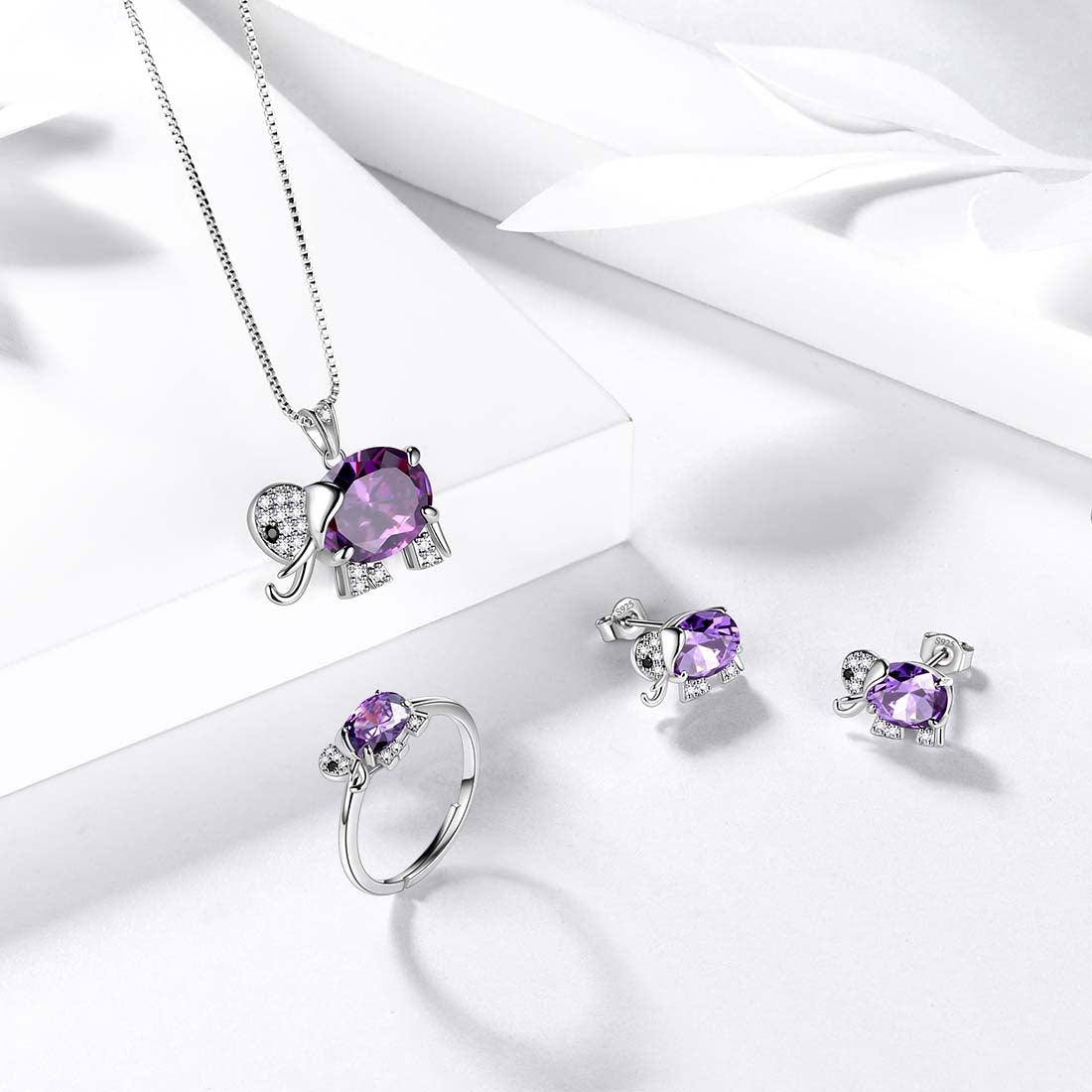 Elephant Necklace Earrings Ring Jewelry Purple February Birthstone - Jewelry Set - Aurora Tears Jewelry